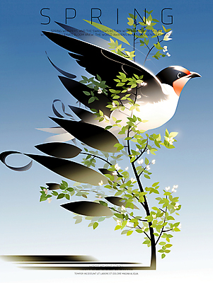 PSD 하늘색 일러스트 하늘 나뭇잎 사람없음 초록색 평화 봄풍경 나뭇가지 제비 국내일러스트 나무 컬러 컨셉 잎 조류 풍경 파란색 봄 파일형식