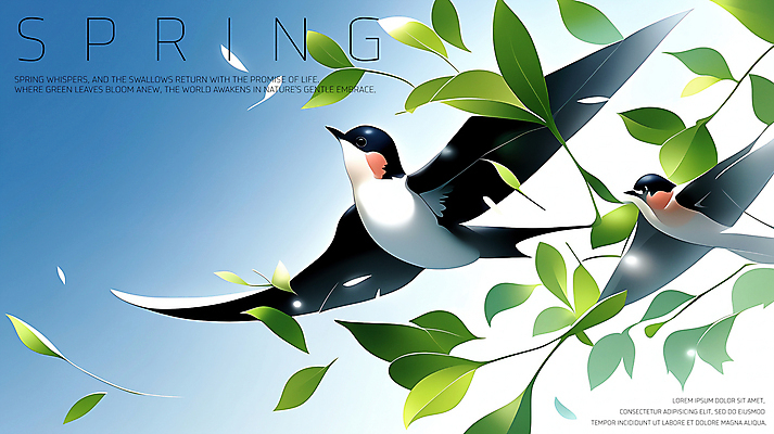 PSD 하늘색 일러스트 하늘 나뭇잎 사람없음 초록색 평화 봄풍경 나뭇가지 비행 제비 국내일러스트 나무 컬러 컨셉 잎 조류 풍경 파란색 봄 파일형식