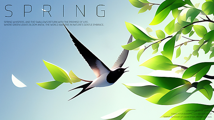 PSD 하늘색 일러스트 하늘 나뭇잎 사람없음 초록색 평화 봄풍경 나뭇가지 비행 제비 국내일러스트 나무 컬러 컨셉 잎 조류 풍경 파란색 봄 파일형식