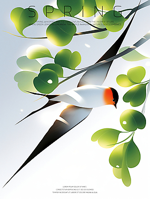 PSD 하늘색 일러스트 하늘 나뭇잎 사람없음 초록색 평화 봄풍경 나뭇가지 비행 제비 국내일러스트 나무 컬러 컨셉 잎 조류 풍경 파란색 봄 파일형식