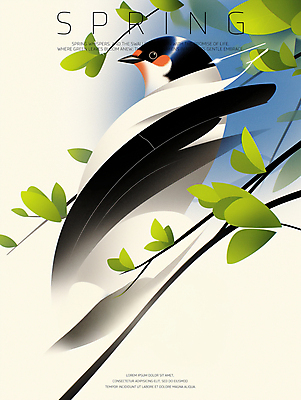 PSD 하늘색 일러스트 하늘 나뭇잎 사람없음 초록색 평화 봄풍경 나뭇가지 제비 국내일러스트 나무 컬러 컨셉 잎 조류 풍경 파란색 봄 파일형식