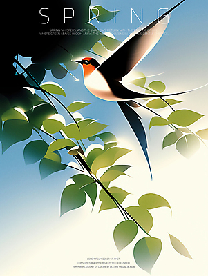 PSD 하늘색 일러스트 하늘 나뭇잎 사람없음 초록색 평화 봄풍경 나뭇가지 제비 국내일러스트 나무 컬러 컨셉 잎 조류 풍경 파란색 봄 파일형식