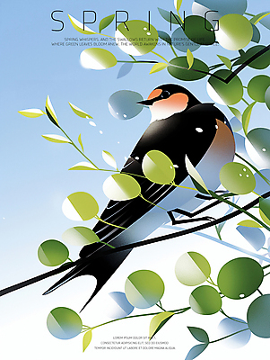 PSD 하늘색 일러스트 하늘 나뭇잎 사람없음 초록색 평화 봄풍경 나뭇가지 제비 국내일러스트 나무 컬러 컨셉 잎 조류 풍경 파란색 봄 파일형식