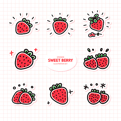 분홍색 스티커 일러스트 딸기 사람없음 반짝임 세트 엘리먼트 국내일러스트 AI파일 컬러 과일 모션 파일형식 벡터