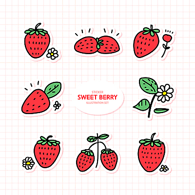 꽃 분홍색 스티커 일러스트 딸기 사람없음 세트 풀잎 엘리먼트 국내일러스트 AI파일 식물 컬러 잎 과일 풀_식물 파일형식 벡터
