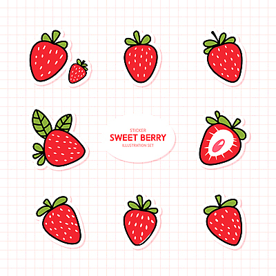 분홍색 스티커 잎 일러스트 딸기 단면 사람없음 세트 엘리먼트 국내일러스트 AI파일 식물 컬러 과일 파일형식 벡터