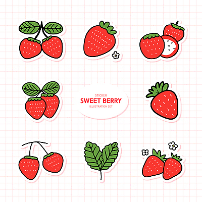 꽃 분홍색 스티커 잎 일러스트 딸기 단면 사람없음 세트 엘리먼트 국내일러스트 AI파일 식물 컬러 과일 파일형식 벡터