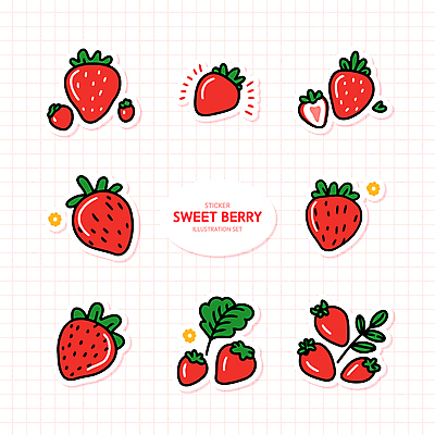 꽃 분홍색 스티커 잎 일러스트 딸기 사람없음 세트 엘리먼트 국내일러스트 AI파일 식물 컬러 과일 파일형식 벡터