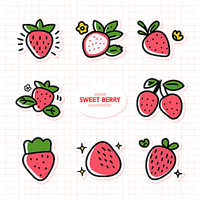 꽃 분홍색 스티커 잎 일러스트 딸기 단면 사람없음 반짝임 세트 엘리먼트 국내일러스트 AI파일 식물 컬러 과일 모션 파일형식 벡터