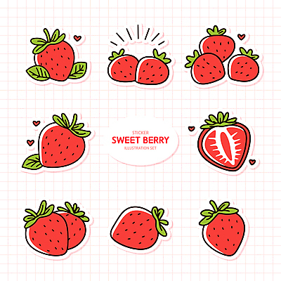 분홍색 스티커 일러스트 딸기 단면 사람없음 세트 하트 엘리먼트 국내일러스트 AI파일 모양 컬러 과일 파일형식 벡터