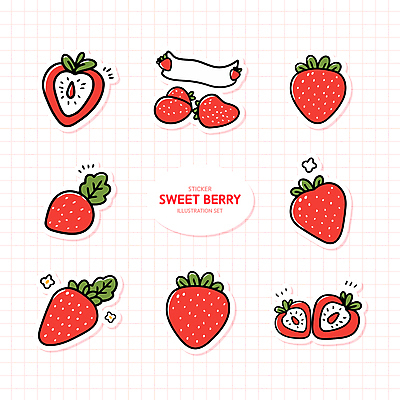 꽃 분홍색 스티커 일러스트 딸기 단면 사람없음 세트 엘리먼트 국내일러스트 AI파일 식물 컬러 과일 파일형식 벡터