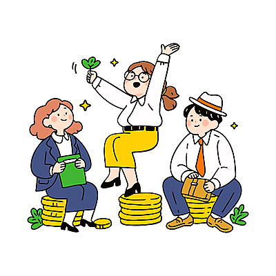 전신 캐릭터 여자 남자 돈 일러스트 비즈니스 미소 웃음 앉기 성인 세명 금융 노란색 손들기 동전 직장인 재산 즐거움 동전탑 세금 성인만 연말정산 환급 국내일러스트 일러캐릭터 AI파일 직업 감정 컬러 모션 표정 사람 경제 쌓기 파일형식 벡터