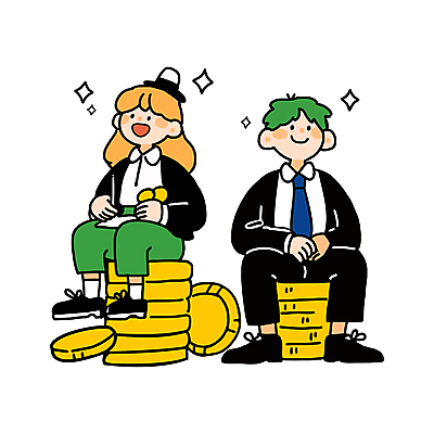 전신 캐릭터 여자 남자 돈 일러스트 비즈니스 미소 웃음 앉기 성인 두명 금융 반짝임 노란색 동전 직장인 재산 즐거움 동전탑 세금 성인만 연말정산 환급 국내일러스트 일러캐릭터 AI파일 직업 감정 컬러 모션 표정 사람 경제 쌓기 파일형식 벡터