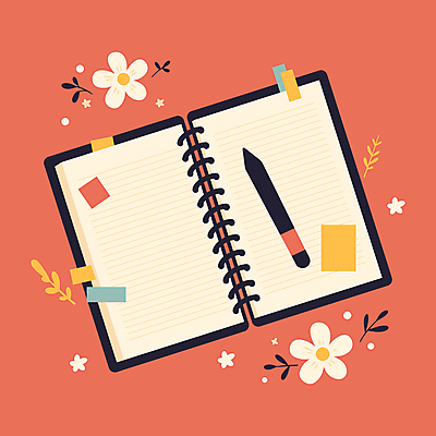 꽃 잎 일러스트 사람없음 빨간색 펜 다이어리 공책 기록 메모지 카피스페이스 국내일러스트 AI파일 식물 컬러 문구용품 필기구 사무용품 공백 파일형식 벡터