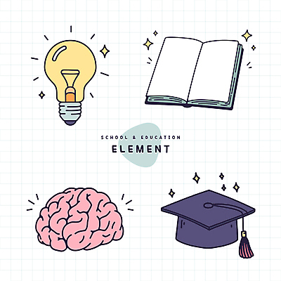 스티커 일러스트 학사모 전구 사람없음 책 반짝임 공책 오브젝트 뇌 엘리먼트 국내일러스트 AI파일 모자_잡화 졸업 모션 문구용품 파일형식 벡터