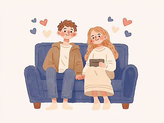 JPG 전신 커플 여자 남자 의자 일러스트 가정 신혼부부 남편 미소 앉기 성인 두명 소파 손잡기 하트 아내 감성 성인만 국내일러스트 AI일러스트 AI콘텐츠 모양 부부 가구 컨셉 관계 모션 표정 사람 신혼 파일형식