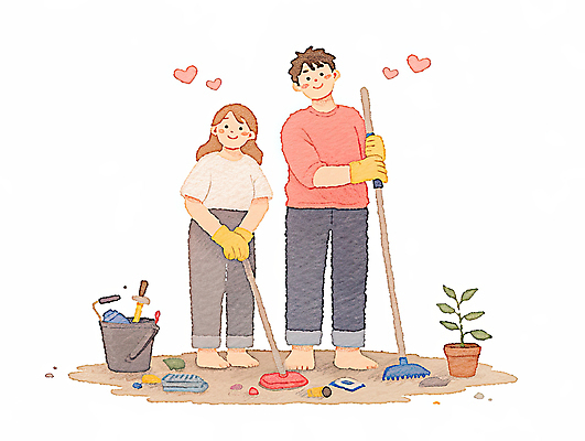 JPG 전신 식물 커플 여자 남자 화분 일러스트 가정 신혼부부 남편 미소 성인 두명 하트 잡기 아내 쓰레기 청소 양동이 고무장갑 감성 대걸레 성인만 국내일러스트 AI일러스트 AI콘텐츠 모양 부부 장갑 컨셉 관계 모션 표정 사람 청소도구 신혼 고무 파일형식