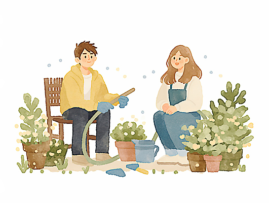 JPG 전신 식물 커플 여자 남자 화분 장갑 의자 일러스트 가정 신혼부부 남편 나뭇잎 미소 들기 앉기 성인 두명 정원 물뿌리개 아내 모종삽 감성 호스 성인만 국내일러스트 AI일러스트 AI콘텐츠 부부 잡화 가구 컨셉 잎 관계 모션 표정 사람 삽 신혼 파일형식