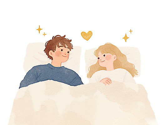 JPG 커플 여자 남자 일러스트 가정 신혼부부 베개 남편 미소 상반신 성인 두명 반짝임 눕기 이불 하트 아내 감성 성인만 국내일러스트 AI일러스트 AI콘텐츠 모양 부부 컨셉 관계 침구 모션 표정 사람 신혼 파일형식