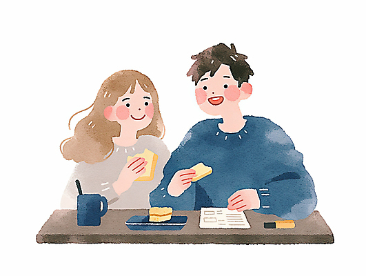 JPG 접시 커플 여자 남자 일러스트 가정 신혼부부 남편 미소 들기 상반신 성인 두명 머그컵 아내 책상 문서 토스트 감성 성인만 국내일러스트 AI일러스트 AI콘텐츠 식기 부부 빵 가구 컨셉 관계 모션 표정 사람 컵 신혼 파일형식