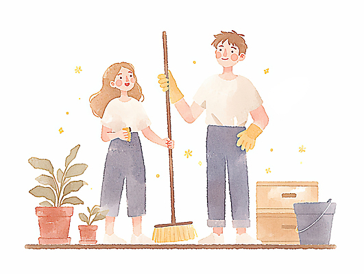 JPG 전신 식물 커플 여자 남자 화분 허리손 일러스트 가정 신혼부부 남편 미소 성인 두명 반짝임 잡기 아내 청소 양동이 서랍장 고무장갑 감성 대걸레 성인만 국내일러스트 AI일러스트 AI콘텐츠 부부 포즈 가구 장갑 컨셉 관계 모션 표정 사람 청소도구 신혼 고무 파일형식