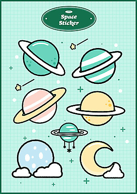 구름 별 과학 스티커 일러스트 사람없음 행성 초승달 유성 오브젝트 청록색 태양계 국내일러스트 AI파일 자연요소 컬러 우주 달 파일형식 벡터