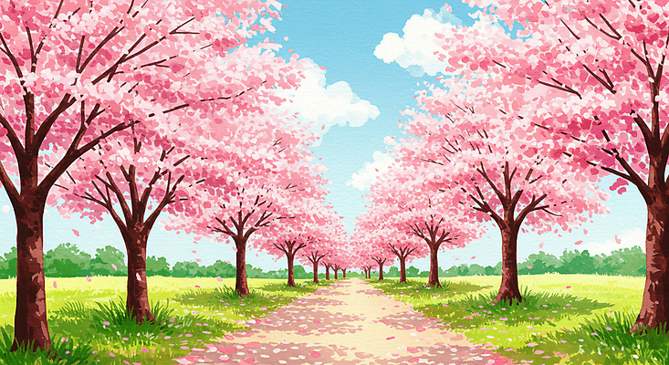 JPG 구름 공원 꽃잎 분홍색 일러스트 자연 하늘 잔디 사람없음 봄풍경 산책로 벚나무 가로수 풍경화 화창 흩날리기 국내일러스트 AI일러스트 AI콘텐츠 자연요소 나무 식물 공공시설 꽃 길 컬러 모션 날씨 풍경 봄 벚꽃 그림 생태계 파일형식