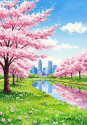 JPG 구름 공원 분홍색 일러스트 자연 하늘 빌딩 잔디 사람없음 건물 강 반사 봄풍경 산책로 들꽃 도시 벚나무 풍경화 화창 국내일러스트 AI일러스트 AI콘텐츠 자연요소 나무 식물 건축물 공공시설 꽃 길 컬러 날씨 풍경 봄 벚꽃 그림 생태계 파일형식