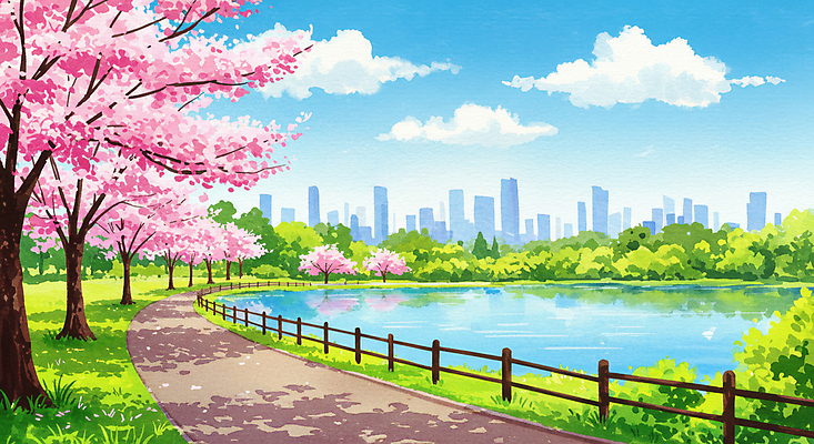 JPG 구름 공원 호수 일러스트 자연 하늘 빌딩 잔디 사람없음 건물 강 봄풍경 산책로 도시 벚나무 나무울타리 풍경화 화창 국내일러스트 AI일러스트 AI콘텐츠 자연요소 나무 식물 건축물 공공시설 길 날씨 풍경 울타리 봄 벚꽃 그림 생태계 파일형식