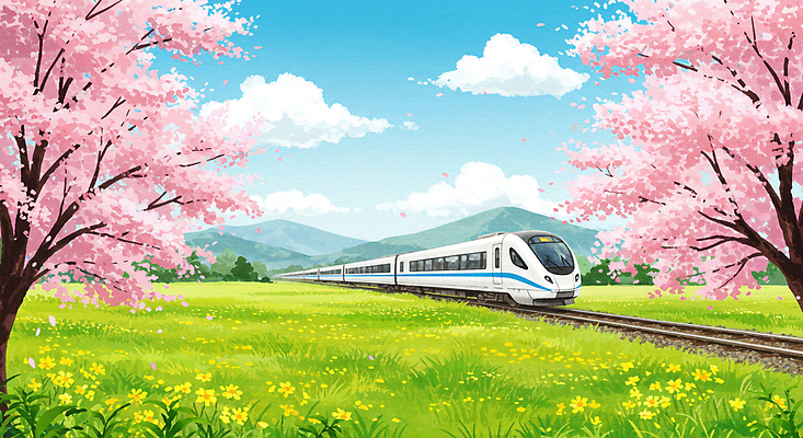 JPG 구름 공원 일러스트 자연 하늘 산 잔디 사람없음 봄풍경 기찻길 들꽃 기차 벚나무 풍경화 화창 국내일러스트 AI일러스트 AI콘텐츠 자연요소 나무 식물 공공시설 꽃 육상교통 날씨 대중교통 풍경 봄 벚꽃 그림 생태계 파일형식