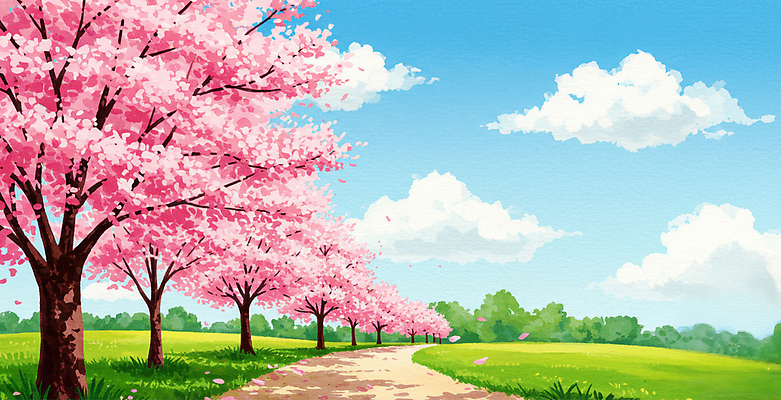 JPG 구름 공원 꽃잎 일러스트 자연 하늘 잔디 사람없음 봄풍경 산책로 벚나무 풍경화 화창 흩날리기 국내일러스트 AI일러스트 AI콘텐츠 자연요소 나무 식물 공공시설 꽃 길 모션 날씨 풍경 봄 벚꽃 그림 생태계 파일형식
