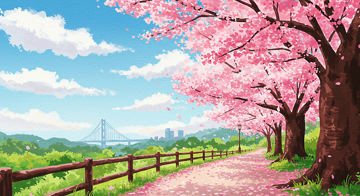 JPG 구름 공원 꽃잎 분홍색 일러스트 자연 하늘 잔디 사람없음 봄풍경 산책로 도시 벚나무 나무울타리 풍경화 화창 가교 흩날리기 국내일러스트 AI일러스트 AI콘텐츠 자연요소 나무 식물 건축물 공공시설 꽃 길 컬러 모션 날씨 풍경 울타리 봄 벚꽃 그림 생태계 파일형식