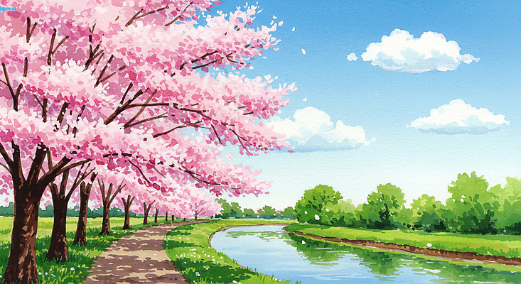 JPG 구름 공원 일러스트 자연 하늘 잔디 사람없음 강 봄풍경 산책로 벚나무 풍경화 화창 국내일러스트 AI일러스트 AI콘텐츠 자연요소 나무 식물 공공시설 길 날씨 풍경 봄 벚꽃 그림 생태계 파일형식
