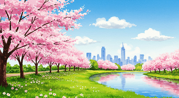 JPG 구름 공원 호수 일러스트 자연 하늘 빌딩 잔디 사람없음 건물 강 반사 봄풍경 산책로 들꽃 도시 벚나무 풍경화 화창 국내일러스트 AI일러스트 AI콘텐츠 자연요소 나무 식물 건축물 공공시설 꽃 길 날씨 풍경 봄 벚꽃 그림 생태계 파일형식