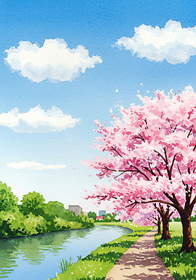 JPG 구름 공원 일러스트 자연 하늘 잔디 사람없음 강 봄풍경 산책로 도시 벚나무 풍경화 화창 국내일러스트 AI일러스트 AI콘텐츠 자연요소 나무 식물 공공시설 길 날씨 풍경 봄 벚꽃 그림 생태계 파일형식