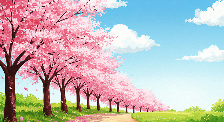 JPG 구름 공원 일러스트 자연 하늘 잔디 사람없음 봄풍경 산책로 벚나무 풍경화 화창 국내일러스트 AI일러스트 AI콘텐츠 자연요소 나무 식물 공공시설 길 날씨 풍경 봄 벚꽃 그림 생태계 파일형식