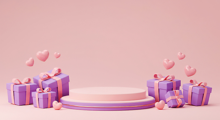 JPG 편집이미지 기념일 리본 분홍색 화이트데이 발렌타인데이 사랑 사람없음 선물상자 3D 로맨틱 하트 포디움 편집3D AI컴퓨터그래픽 AI콘텐츠 모양 감정 컬러 컨셉 데이이벤트 선물 이벤트 상자 무대 디지털합성 파일형식