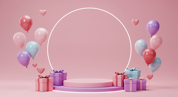JPG 편집이미지 기념일 리본 분홍색 화이트데이 발렌타인데이 사랑 사람없음 선물상자 3D 로맨틱 하트 원형 풍선 포디움 편집3D AI컴퓨터그래픽 AI콘텐츠 모양 도형 감정 컬러 컨셉 데이이벤트 선물 이벤트 상자 무대 디지털합성 파일형식