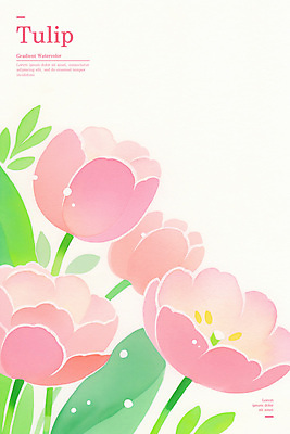 PSD 분홍색 잎 꽃백그라운드 일러스트 봄꽃 수채화 사람없음 연두색 튤립 국내일러스트 식물 꽃 컬러 백그라운드 초록색 봄 파일형식