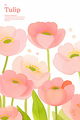 PSD 분홍색 잎 꽃백그라운드 일러스트 봄꽃 수채화 사람없음 연두색 튤립 국내일러스트 식물 꽃 컬러 백그라운드 초록색 봄 파일형식
