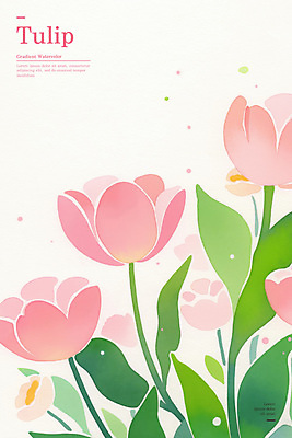 PSD 분홍색 잎 꽃백그라운드 일러스트 봄꽃 수채화 사람없음 초록색 튤립 국내일러스트 식물 꽃 컬러 백그라운드 봄 파일형식