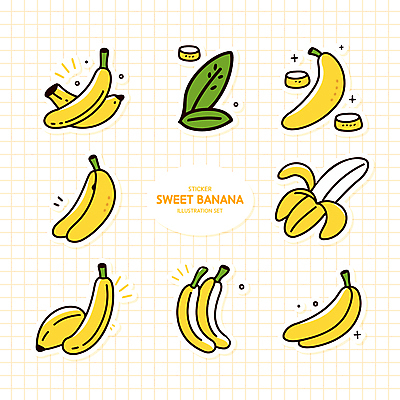 스티커 일러스트 나뭇잎 바나나 사람없음 세트 노란색 여러개 격자 엘리먼트 국내일러스트 AI파일 컬러 다수 잎 무늬 과일 파일형식 벡터