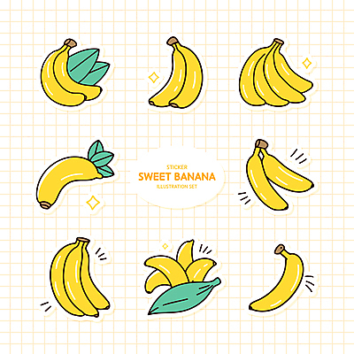 스티커 일러스트 나뭇잎 바나나 사람없음 반짝임 세트 노란색 여러개 격자 엘리먼트 국내일러스트 AI파일 컬러 다수 잎 무늬 과일 모션 파일형식 벡터