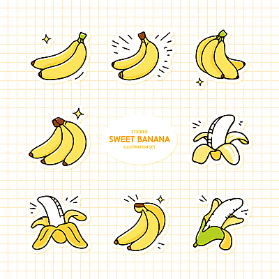 스티커 일러스트 바나나 사람없음 반짝임 세트 노란색 여러개 격자 엘리먼트 국내일러스트 AI파일 컬러 다수 무늬 과일 모션 파일형식 벡터