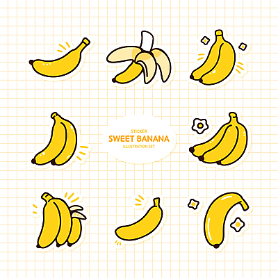 꽃 스티커 일러스트 바나나 사람없음 세트 노란색 여러개 격자 엘리먼트 국내일러스트 AI파일 식물 컬러 다수 무늬 과일 파일형식 벡터
