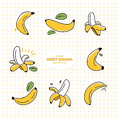 스티커 일러스트 나뭇잎 바나나 사람없음 세트 노란색 여러개 격자 엘리먼트 국내일러스트 AI파일 컬러 다수 잎 무늬 과일 파일형식 벡터