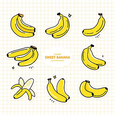 스티커 일러스트 바나나 사람없음 반짝임 세트 노란색 여러개 격자 엘리먼트 국내일러스트 AI파일 컬러 다수 무늬 과일 모션 파일형식 벡터