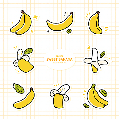 스티커 일러스트 나뭇잎 바나나 사람없음 세트 노란색 여러개 격자 엘리먼트 국내일러스트 AI파일 컬러 다수 잎 무늬 과일 파일형식 벡터