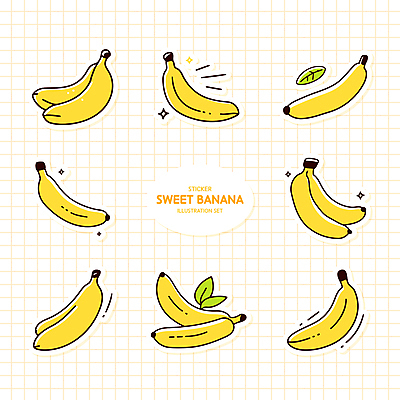 스티커 일러스트 나뭇잎 바나나 사람없음 반짝임 세트 노란색 여러개 격자 엘리먼트 국내일러스트 AI파일 컬러 다수 잎 무늬 과일 모션 파일형식 벡터