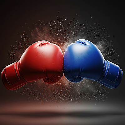 JPG 편집이미지 불꽃 사람없음 빨간색 파란색 경쟁 주먹 글러브 권투글러브 충돌 사회이슈 무역 싸움 갈등 분쟁 정치 관세 이미지편집 편집실사 AI컴퓨터그래픽 AI콘텐츠 산업 스포츠용품 컬러 장갑 컨셉 모션 불 CG 세금 파일형식